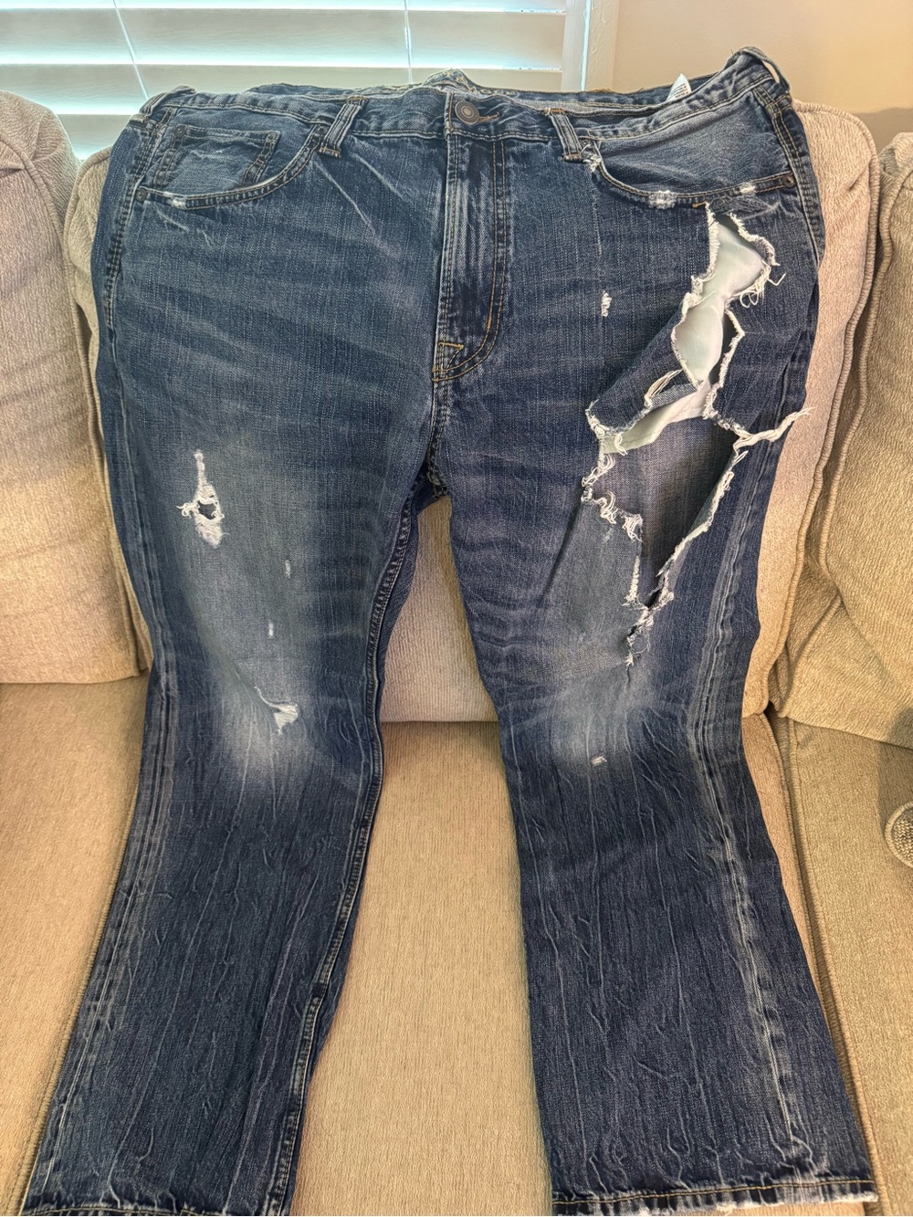 American Eagle Outfitters Men's Dark Blue Ripped Bootcut Jeans
